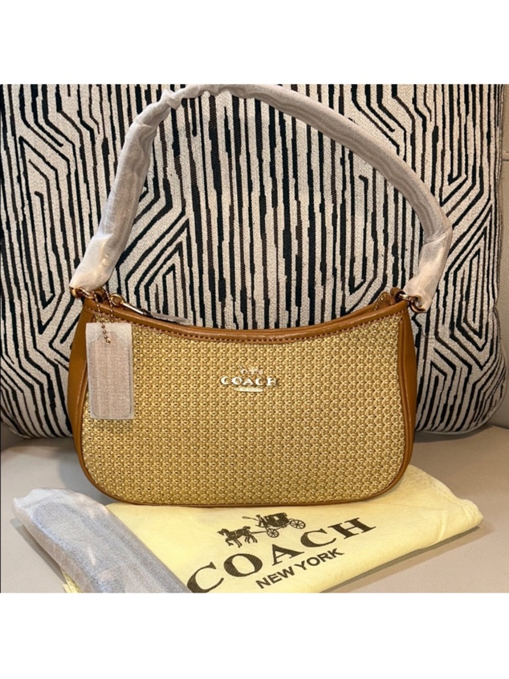 Coach Straw Woven Satchel Tote Bag Tan Leather Trim NWOT Summer Shoulder Purse
